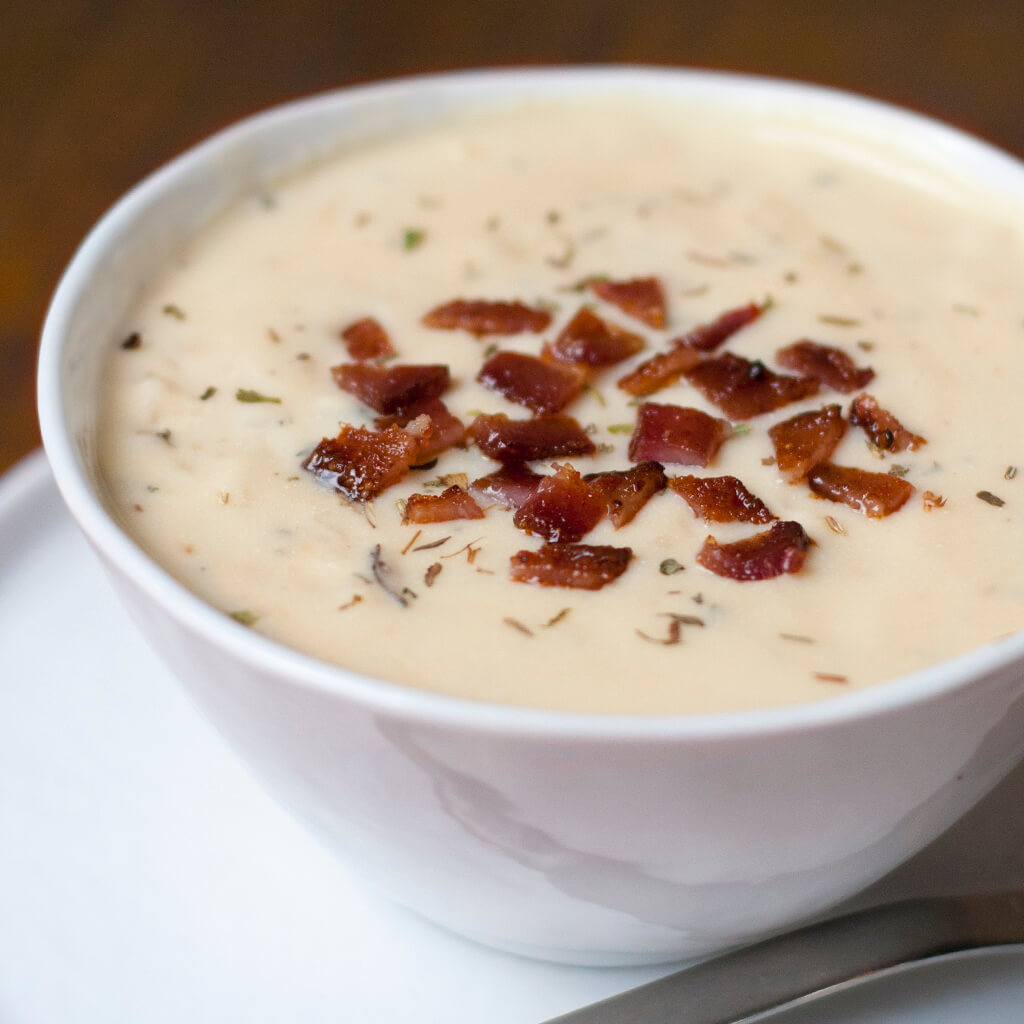 Creamy Potato Soup with Candied Peppered Bacon